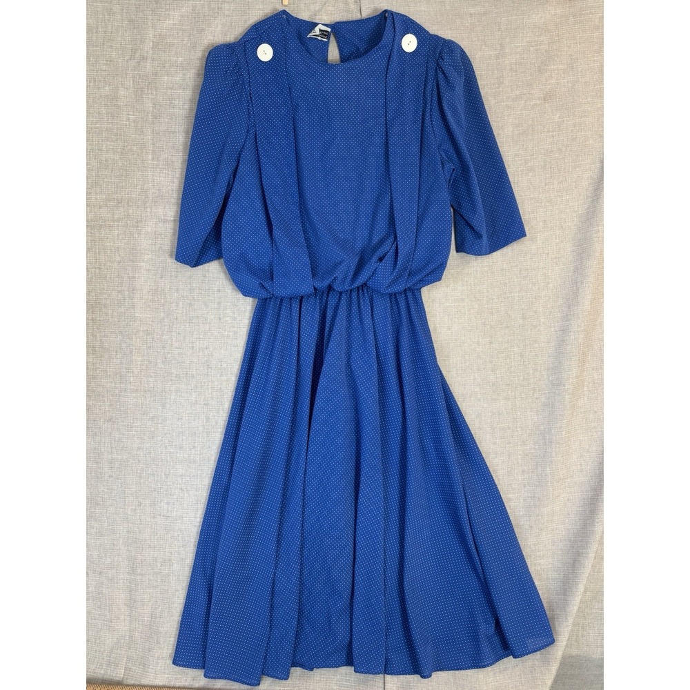 Vintage Promises Promises Blue Polka Dot Dress M Short Sleeve Retro‎ Modest